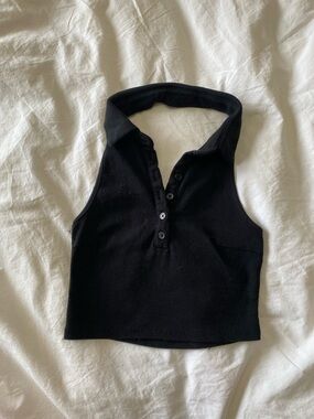 Aeropostale Black Ribbed Halter Crop Top with Button Placket